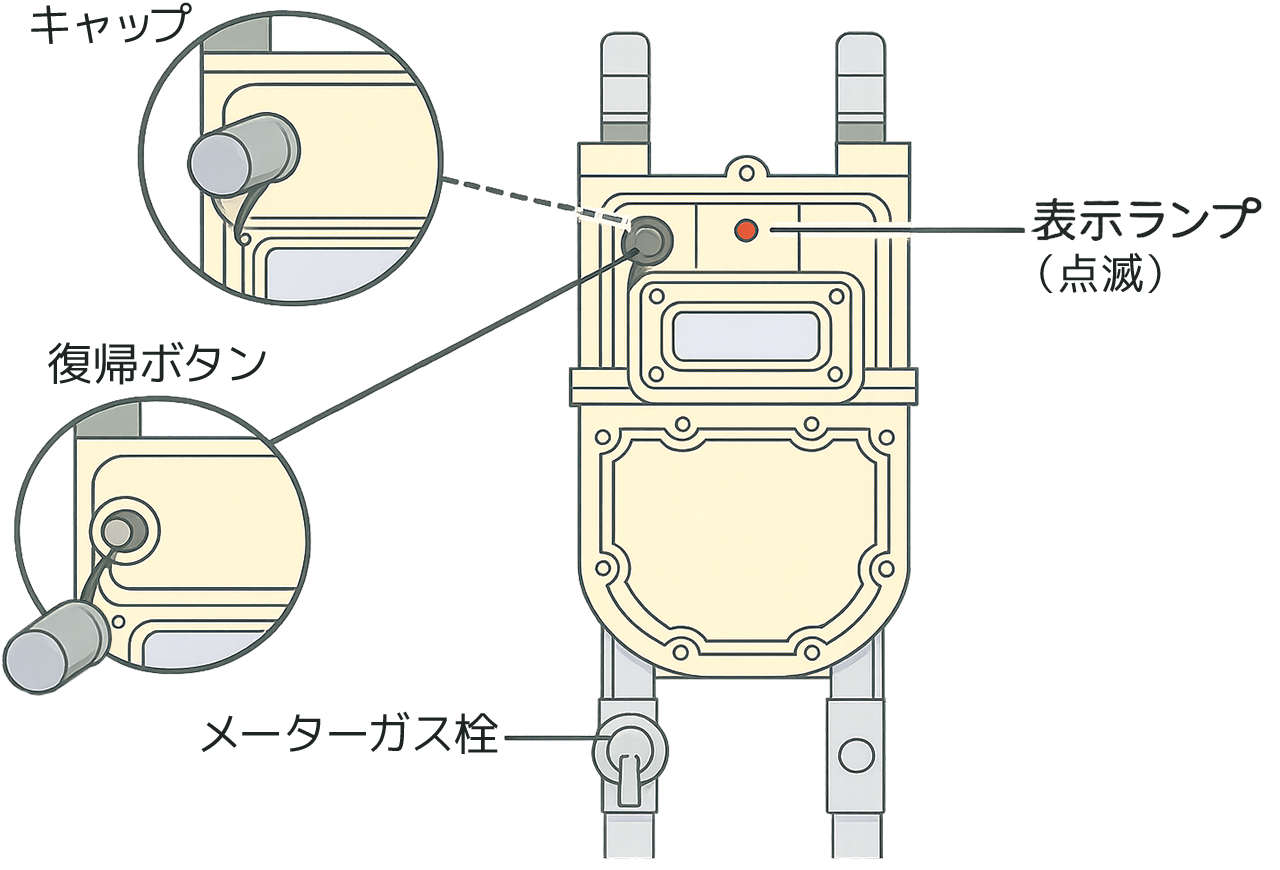 マイコンメーターの復帰ボタンと表示ランプ